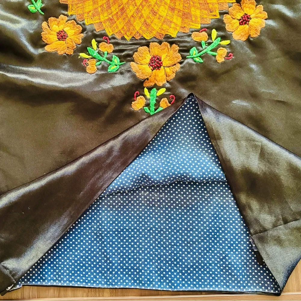 Vintage Sz L Handmade Floral Embroidered Black Satin Blouse
